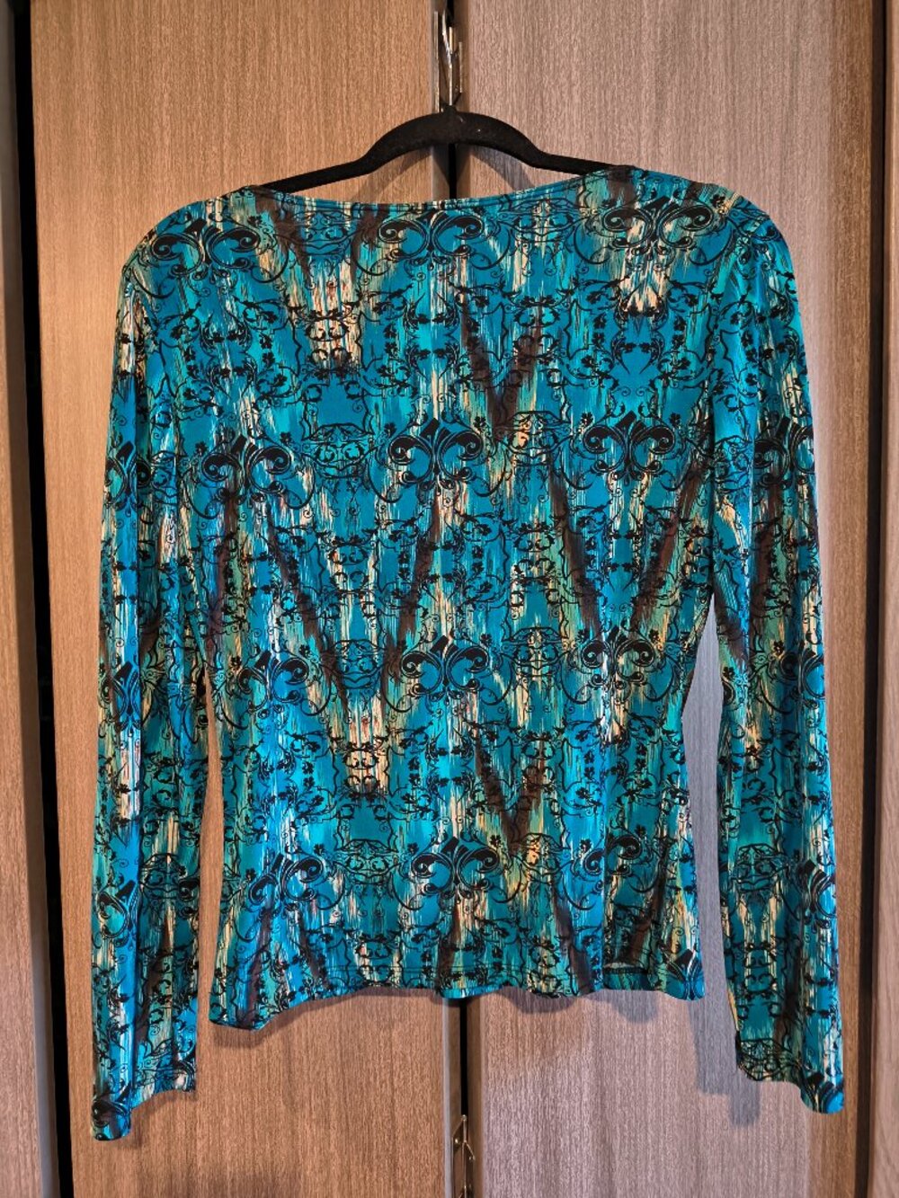 Perception Concept Blue Multi Patterend Long Sleeve V-Neck Blouse Party Office - Picture 3 of 8